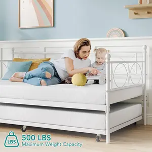 Multifunctional White Twin Size Daybed with Pull-Out Trundle, High-Quality Steel Slats Bed Frame, Movable Standard Twin Sofa Bed, Twin Size Bed