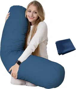 King Size Extra Long Round Body Pillow - 54x12 Bolster for Bed Extra Soft with Removable Pillowcase, Maternity Pillow - Blue
