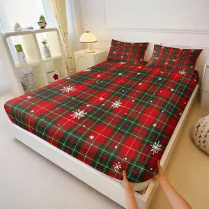 3Pcs Plaid & Snowflake Fitted Sheet Set, Festive Christmas Bed Sheet Set, Cozy Winter-Themed Bedding, High-Quality Digital Print Microfiber, Perfect for Holiday Bedroom Decor and Guestroom Style, No Filler