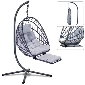 【Summervibes】BROTTAR Hanging Egg Chair with Leg Rest and Stand – Rattan Wicker Swing Hammock Chair, UV-Resistant Cushion, Heavy-Duty Frame for Indoor & Outdoor Patio, Bedroom, Balcony, Garden – 330 lbs Capacity(Grey)