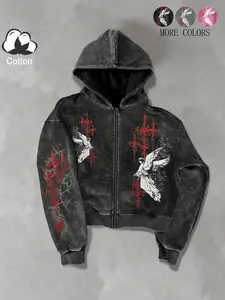Men’s and women’s versions. Street style. Popular red Gothic pattern and angel print hooded zipper sports shirt with long sleeves. Perfect for streetwear, back-to-school, or returning to school attire. A stylish outfit from the 2000s. Ideal as a gift for