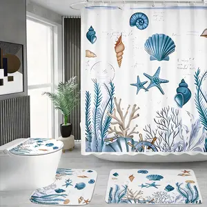 4pcs Nautical Blue Seashell & Starfish Shower Curtain Set, Coastal Ocean Coral Bath Curtain, The floor mat fabric is thicker and softer! Beach Themed Bathroom Decor, Summer & Tropical Vibes