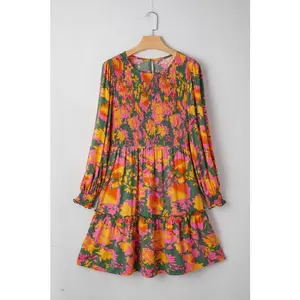 Floral Smocked Ruffle Hem Long Sleeve Mini Dress