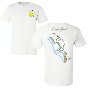 Pebble Beach Golf T-Shirt with 2 Sides Graphic, Coastal Course Layout Back Print with Ocean View Design, Front Misters USA Flag Logo in Yellow and Red, Soft Cotton Blend Shirt, Golf Fan Apparel for Men and Women, California Golf Gift Tee