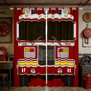 3D Fire Truck Curtains for Bedroom,Fire Engine Curtains & Drapes Black Red Firemen Car Vehicle Window Curtains,Cartoon Firefighter Truck Draperies Fighting Vehicle Room Decor 2 Panels