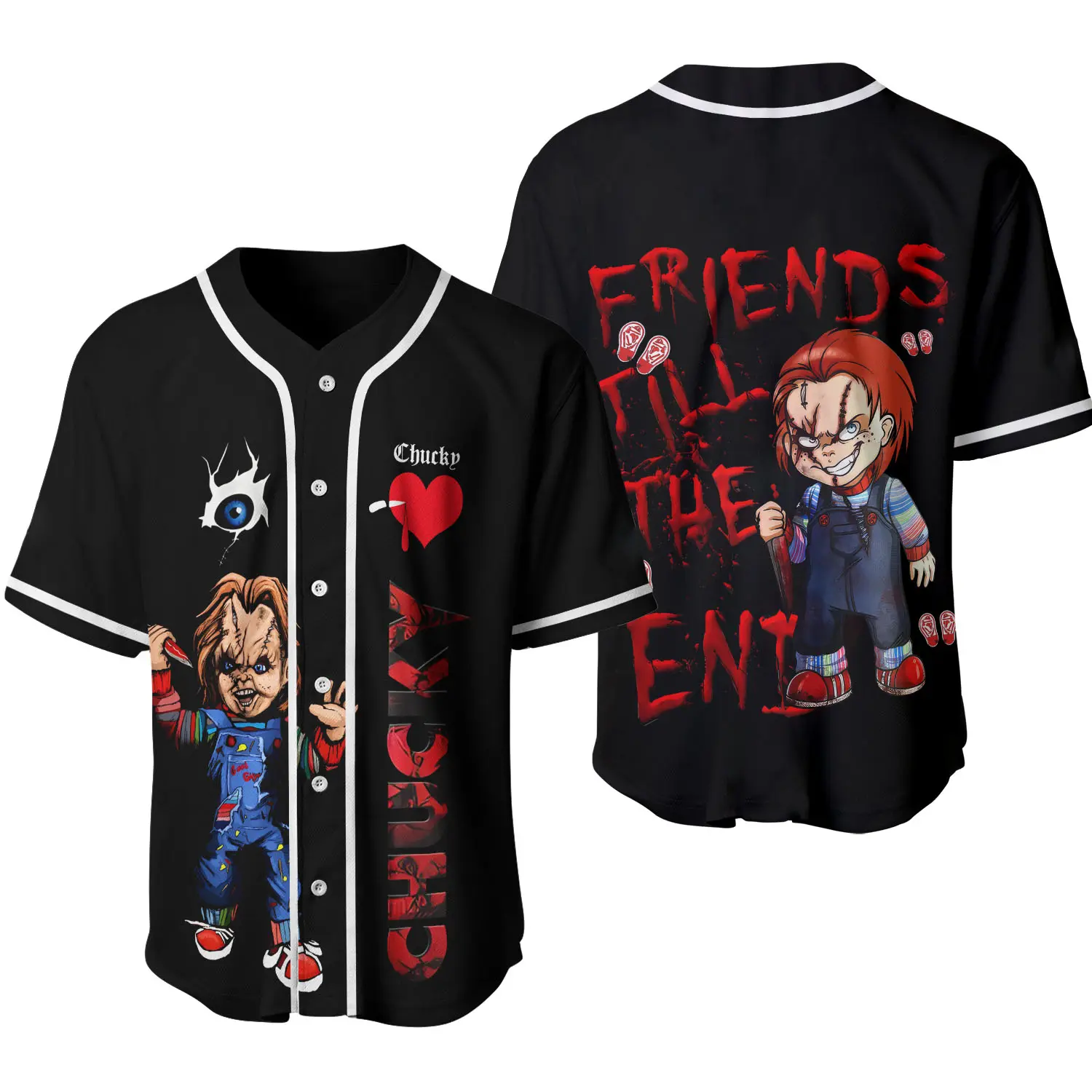 Horror Movie Baseball Jersey – Chucky Inspired 3D Graphic Button Up Shirt