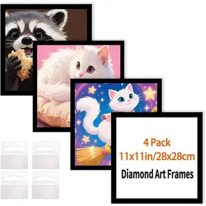 Diamond Art Frame 12x12 Inch 30x30 cm Magnetic Self-Adhesive Frames Suitable for 10x10inch Painting Pictures, Black 4Pack for Wall Window Door Display