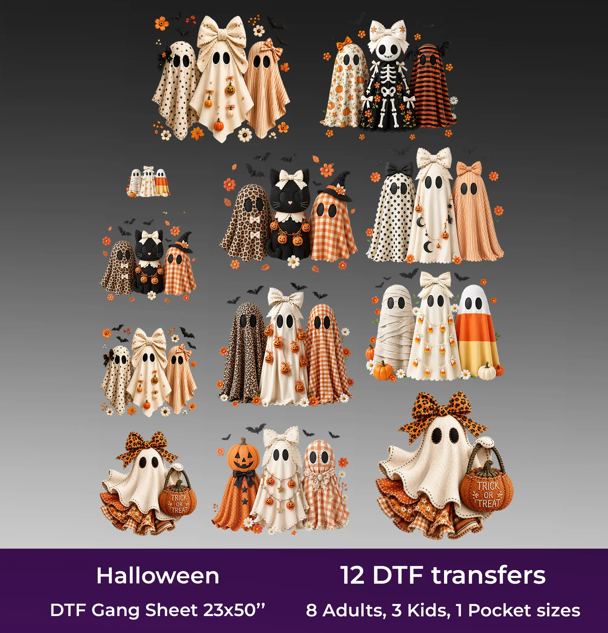 Halloween Ghost DTF Gang Sheet, 23x50 in. Realistic Heat transfers