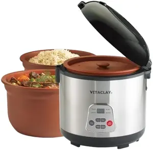 VitaClay 4-in-1 Organic Rice & Slow Cooker in Clay Pot VF7700 - 6/8 Cups Capacity, Nonstick Surface, Health Benefits, Versatile for Various Cuisines, Natural Zisha Clay, 4 Cooking Settings