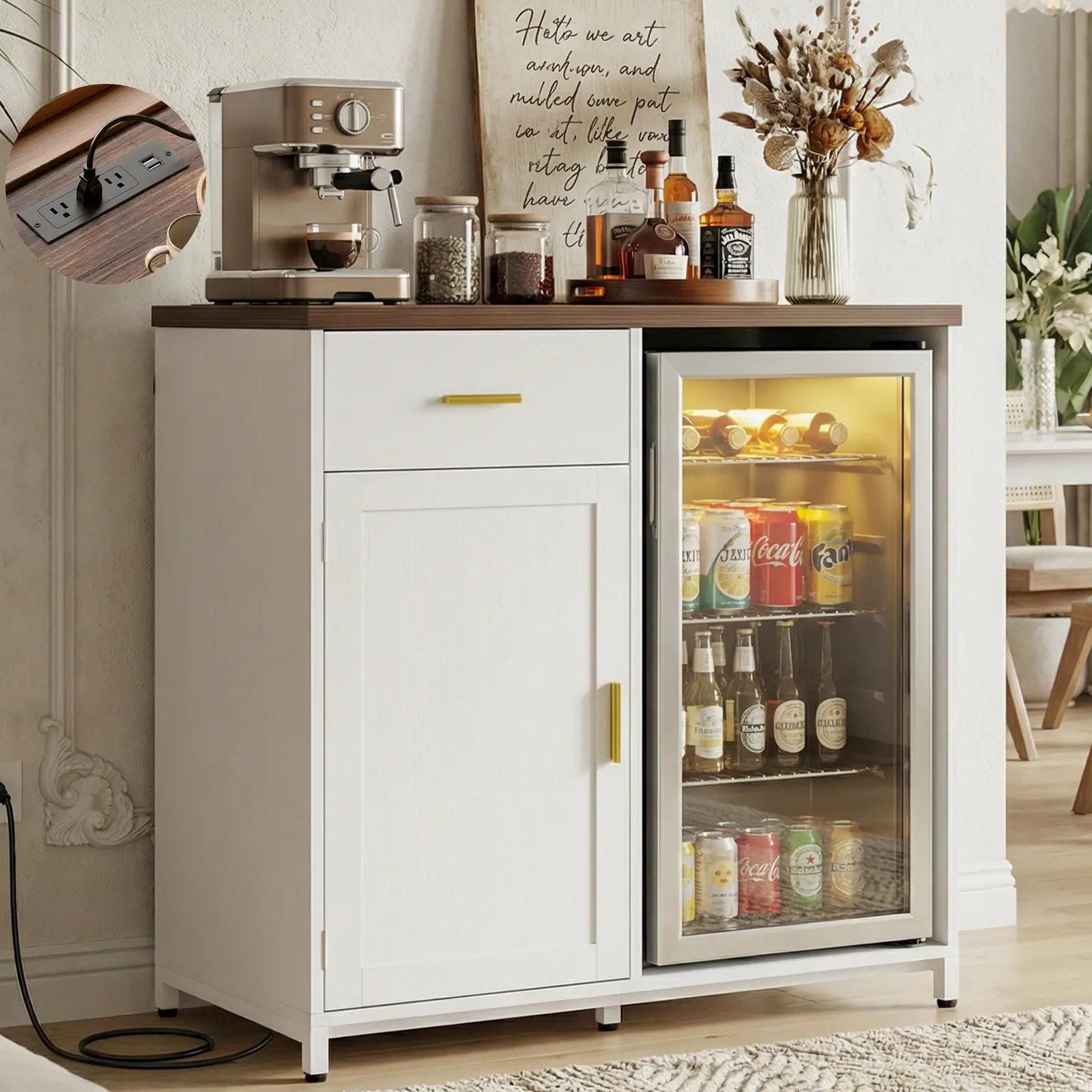 Homieasy Coffee Bar Cabinet with Mini Fridge Space & Power Outlet (Fridge Not Included), Mini Fridge Cabinet with Drawer Storage and Wine Glass Holder, Liquor Wine Cabinets with Wine Storage, Home Bar for Dining Room, Kitchen