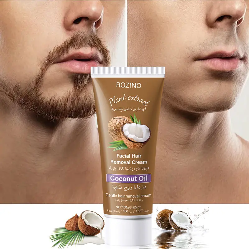 ROZINO 100g Gentle Coconut Oil Facial Depilatory Cream - Plant-Based with Gentiana Scabra Extract, Smooth Body Care Wipe-Off Gentle Depilatory Solution for Facial Beard Hair Removal, Easy Hair Removal