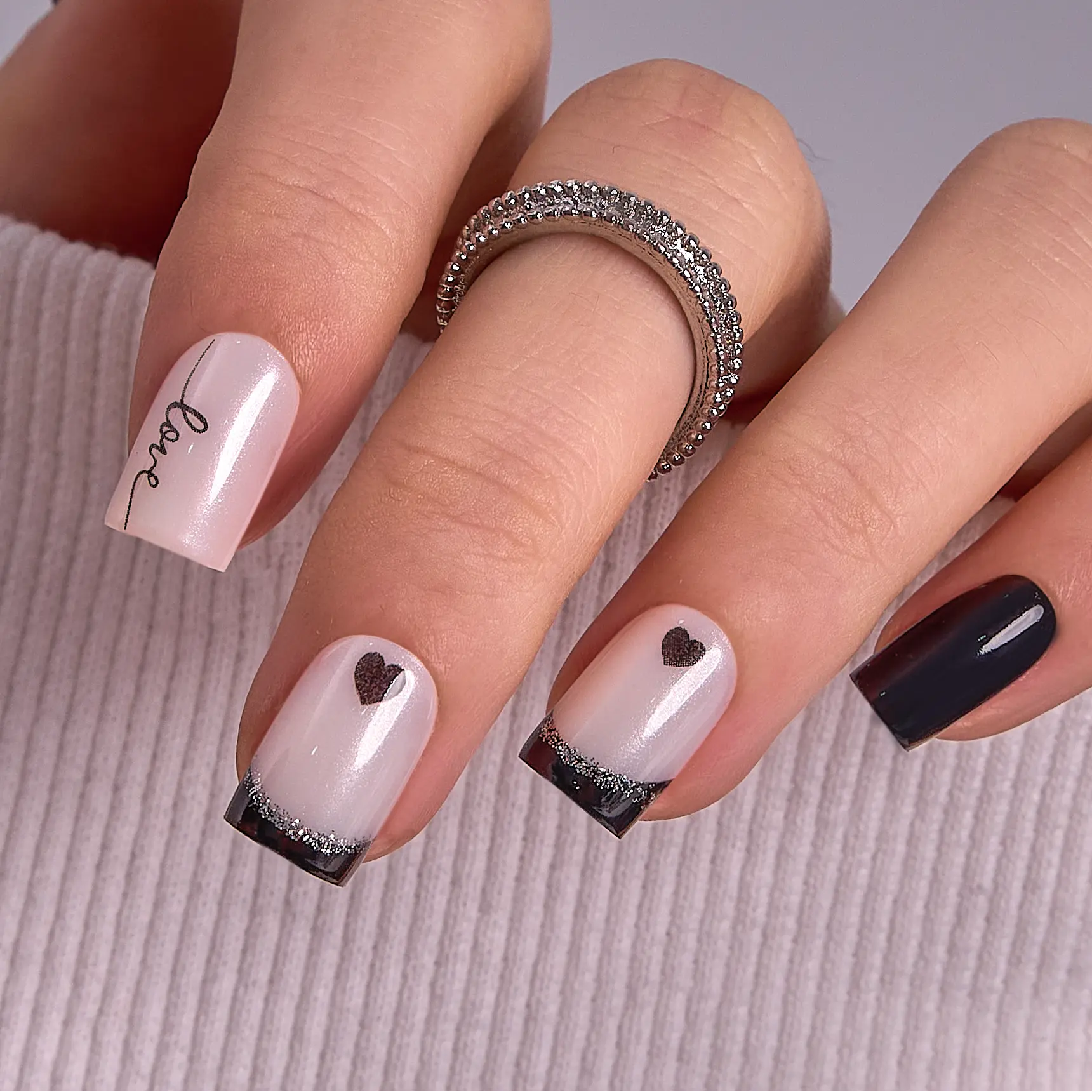 Chic Black & White Heart-Themed Press-On Nails | CurvLife Nail | 24pcs Medium Square Fake Nails | Glossy Finish with Love-Inspired Details | Easy to Apply, Comfortable & Long-Lasting | Perfect for Romantic Dates, Valentine’s, Bridal Showers, Sweet Events