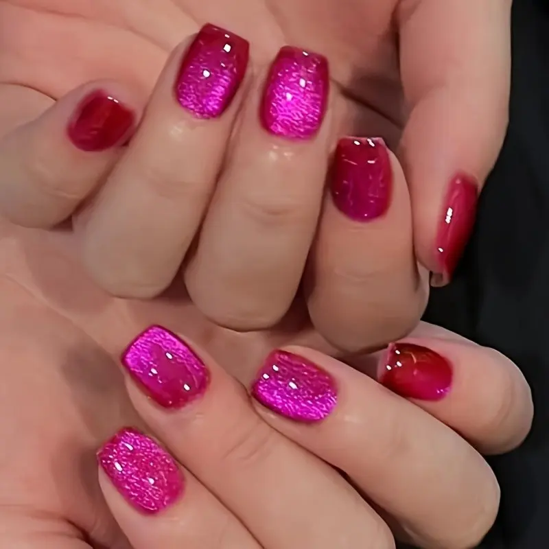 30pcs Dragon Fruit Cat Eye Short Square Nail Stickers, Glue-On False Nails, Women's Acrylic Gel Nails, Easy Application