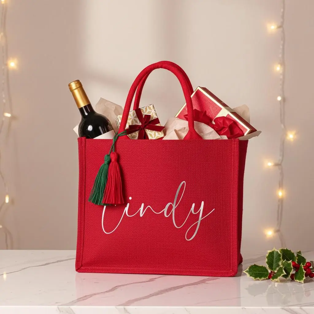 Personalized Christmas Tote Bags with Name Custom Holiday Gift Bags for Women, Bridesmaids, Moms, Best Friends Festive Reusable Gift Totes