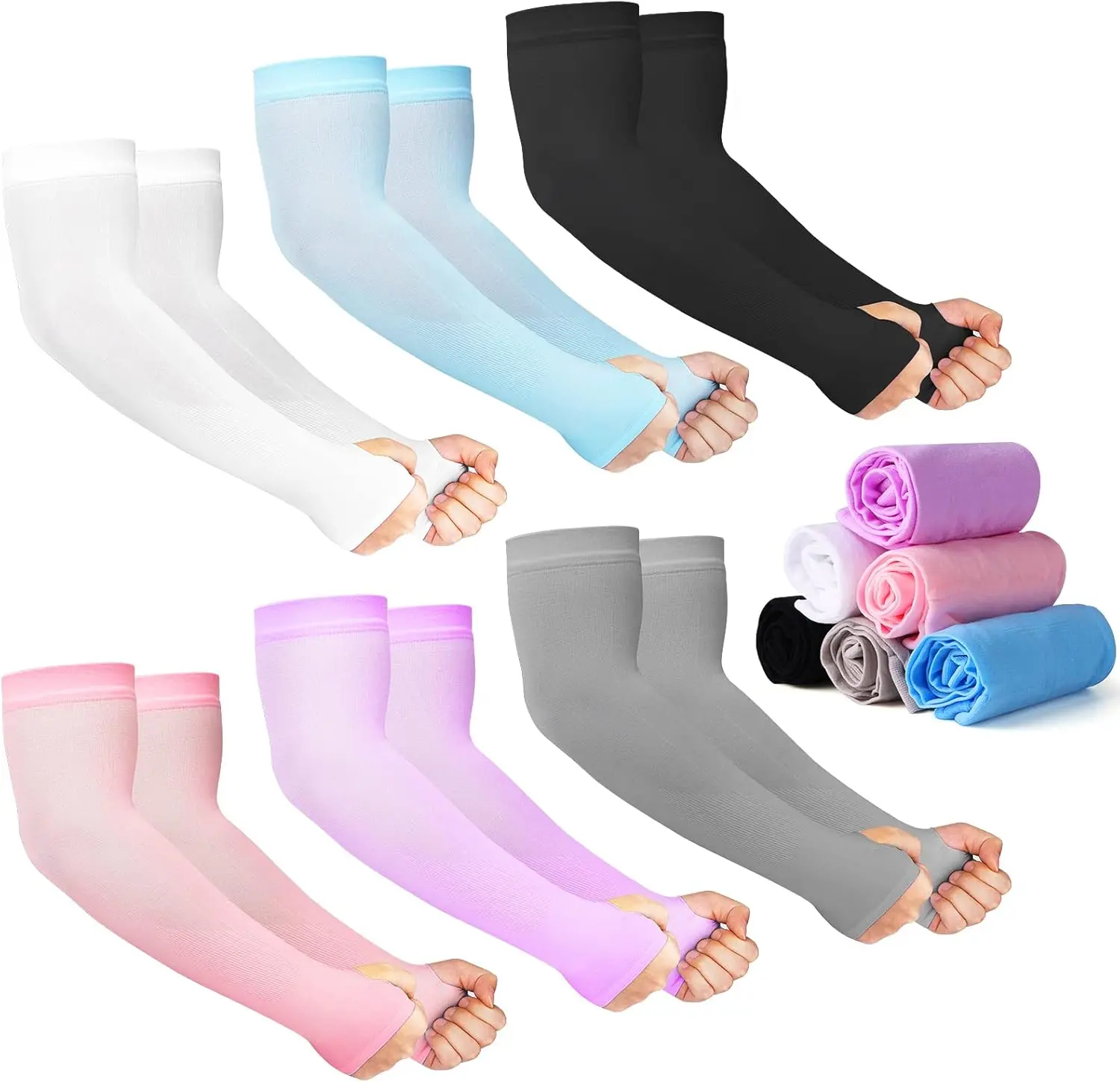 12 Pairs Sun Protection Sleeves UV Cooling Arm Men Women Sports with Thumb Hole for Driving, Golfing, Fishing, Cycling, Hiking