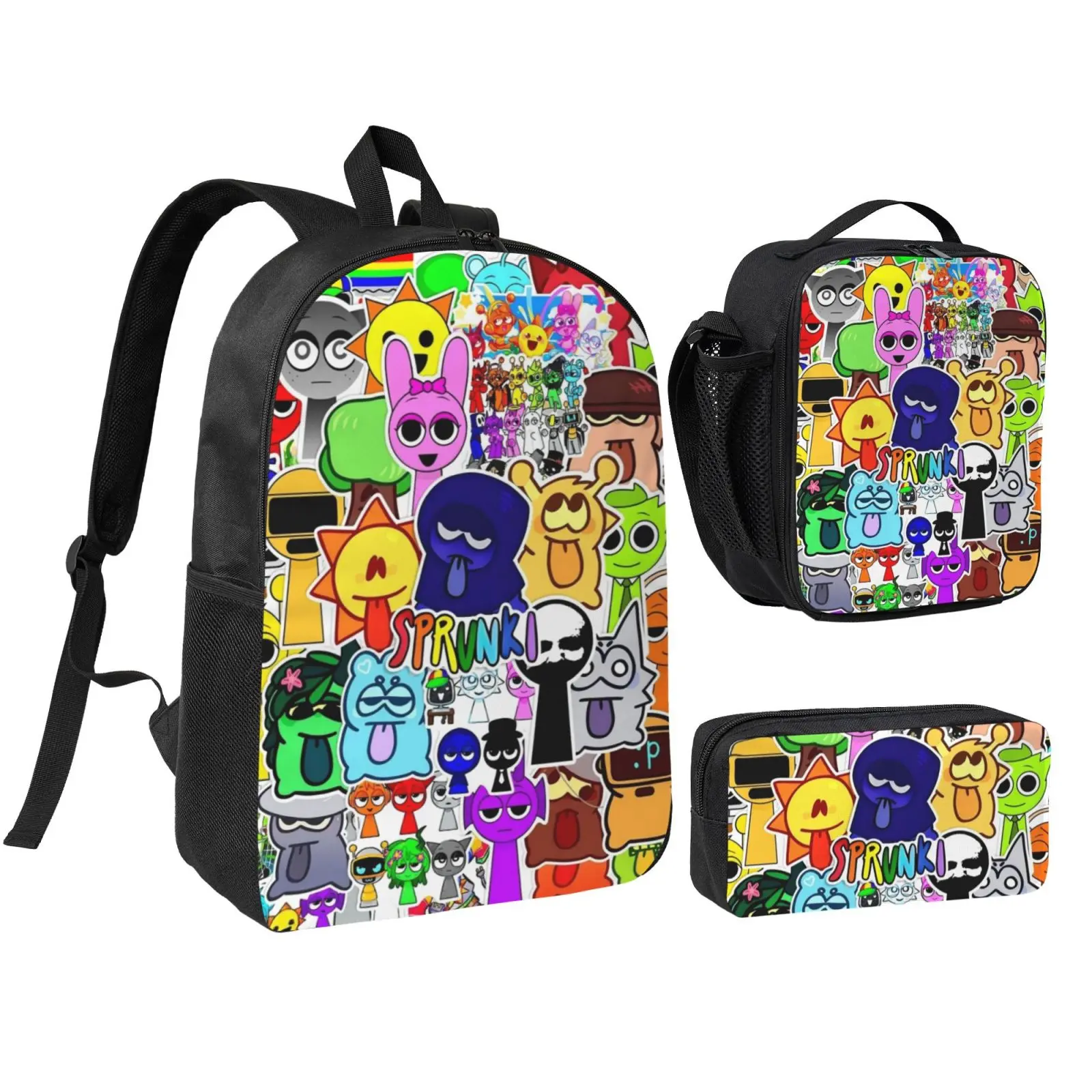 Sprunki Backpack Cute 3-Piece Cartoon Backpack Set Pencil case Lunch Bag, Large Capacity 17 inch Laptop Backpack Game Cartoon Pattern Travel Daypack