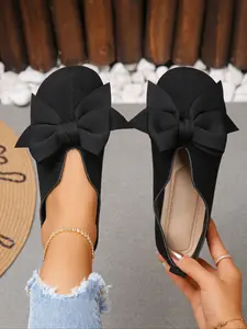 Women's Casual Comfortable Fashion Flat Shoes, Black Ballerina Flats Shoes, Round Toe Bow Decorated Shoes, Perfect for Dresses and Pants, Versatile for Various Occasions, Rubber
