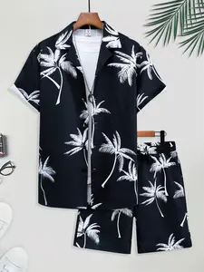 Men's Black Palm Tree Print 2-Piece Loungewear Set - Short Sleeve Camp Collar Shirt & Matching Drawstring Shorts, Soft Breathable Fabric, Relaxed Fit for At-Home Lounging, Lazy Weekends & Casual Evenings