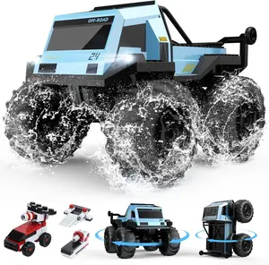 DEERC Amphibious Remote Control Car Monster Truck Toys Waterproof, RC Stunt Cars Toys W/Blocks & 360°Spin, 4WD All-Terrain Off-Road 60+ Min Playtime
