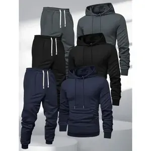 3pcs Men'S Hooded Sweatshirt and Joggers Set, Polyester Sports Tracksuit, Solid Color, Long Sleeve, Slight Stretch Knit Fabric,��gift��
