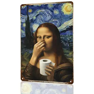Mona Lisa Bathroom Aluminum Metal Sign Funny Vintage Toilet Wall Decor Nose Pinching Stink Humor Da Vinci Inspired Rustic Plaque 8x12 Inch