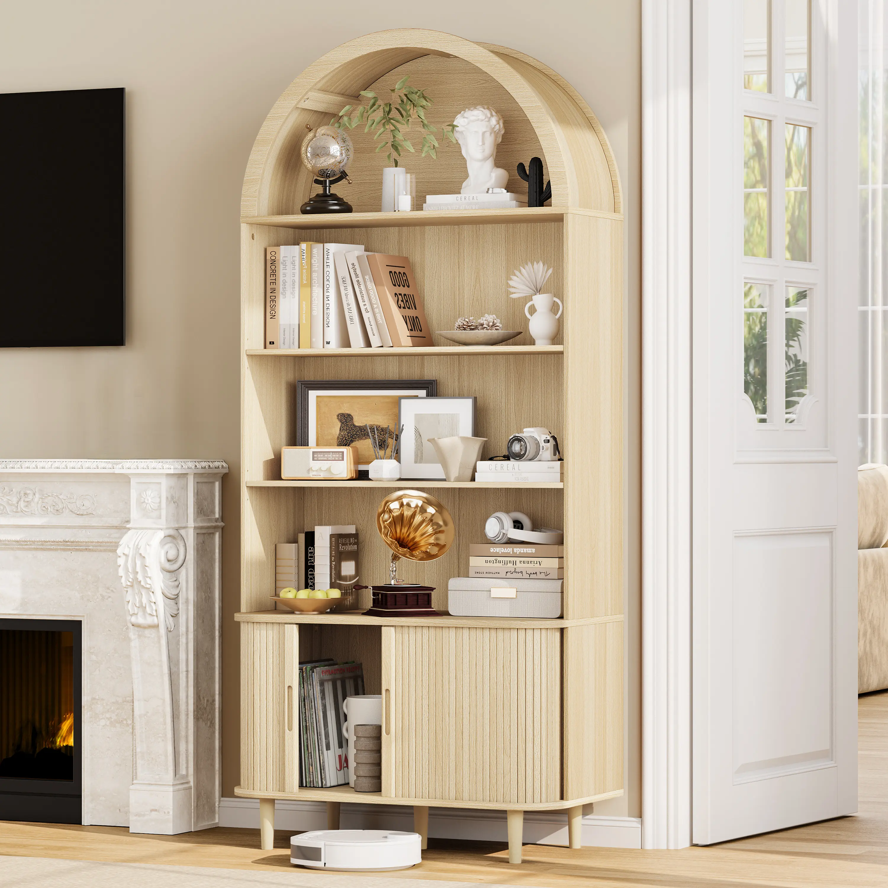 【Arched Bookcase】DHH 71-Inch Tall Display Cabinet with 4 Open Storage Tiers, Fluted Tambour Doors and 2 Adjustable Shelves Cupboard Furniture campingessentials Modern End Cabinet Organiser Storage Cabinet