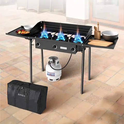ROVSUN 2/3 Burner Propane Gas Stove with Side Shelf & Carrying Bag, 150,000/225,000BTU Outdoor Burner with Wind Panel & CSA Listed Regulator, Picnic Cooker for Home Patio Cooking Camping Brewing Turkey Frying