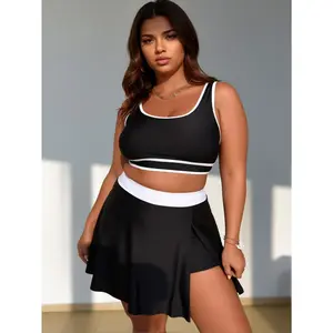 Black White Contrast Plus Size Two Piece Swimsuit Crop Top Skirted Bottom High Cut Swimwear Bathing Suit