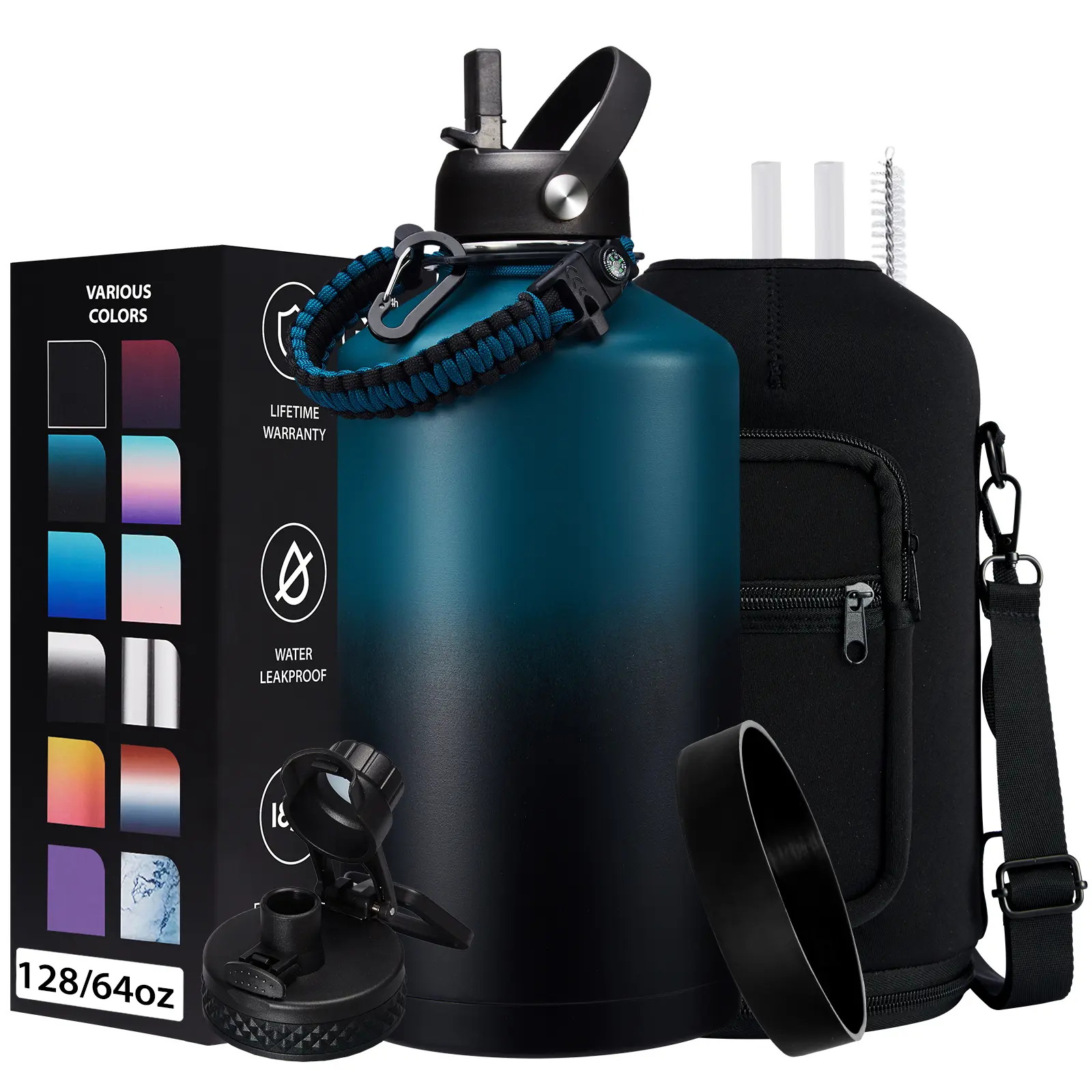 Metal Gallon Water Flask 128oz - Insulated Water Bottle 32/40/64/87/128oz Stainless Steel Water Bottles with Straw & Spout Lids, Paracord Handle, Carrier Bag with Strap, Protective Cup Mat, Keep Cold-48H & Hot-12H tiktokshopbacktoschool