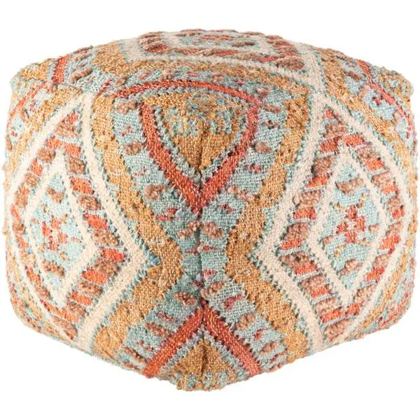 Luanda Handwoven Boho Cube Pouf, Aqua/Brick Red