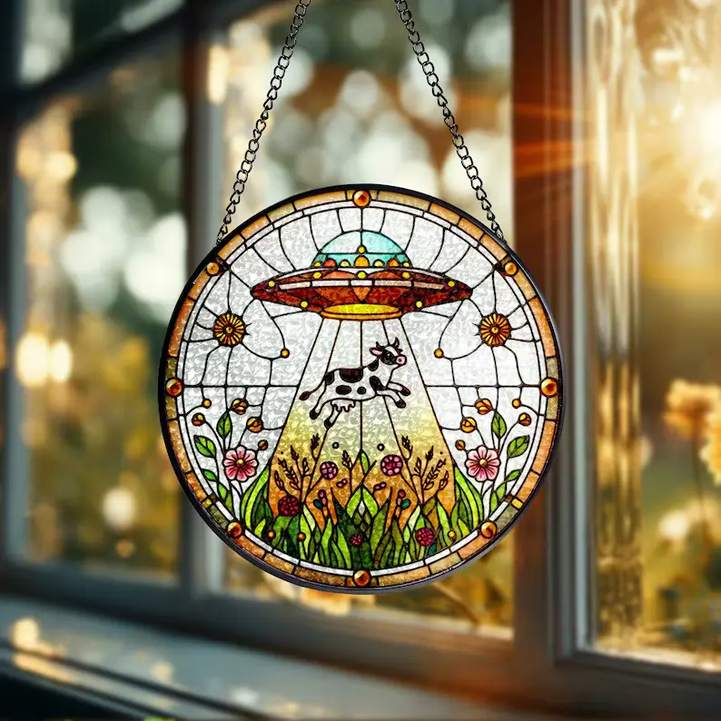 UFO Abduction Cow Wildflowers Glass Suncatcher - Funny Gifts for Women, Window Hanging, Indoor Decor, Suncatcher, Cow Sign