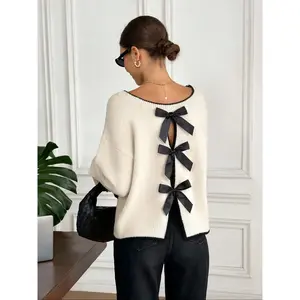 Elegant Chic Women’s Bow Shoulder Long-Sleeve Fitted Knit Sweater, Back Bow Design, Perfect for Fall, New Year, Parties, Graduation, Casual Wear