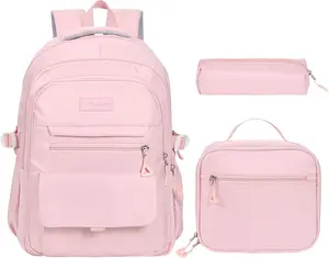 Teen Girls School Backpack with Lunch Box for Boys, College Aesthetic Laptop Bookbag for Women,Pink