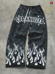 Men's Y2K Loose Fit Sports Pants, Fashion Print Drawstring Wide Leg Casual Pants, Comfortable Fleece Lined, Perfect Gift for Husband & Boyfriend, Athleisure Style Bottoms, Adjustable Drawstring Sweatpants