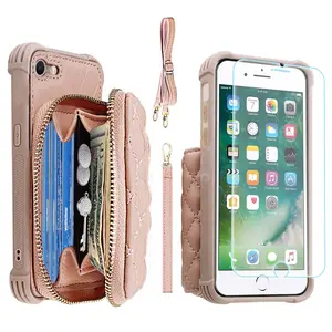 MONASAY Zipper Wallet Case Fit for  iPhone SE 3/SE 2/8/7   X/XS   XR   11  12/12 Pro  13 13 Pro 13 Pro Max, [Glass Screen Protector ][RFID Blocking] Flip Leather Handbag Phone Cover with Card Holder & Crossbody Lanyard Strap
