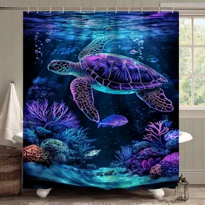 1/4 PC deep sea themed shower curtain printed with sea turtles, colorful corals and swimming fish, this shower curtain set creates an ocean atmosphere for the bathroom, Bathroom supplies