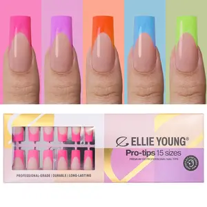 ELLIE YOUNG Pro-Tips Long Square Colorful Pastel French Tips, 150pc Press-On Nails Kit – 15 Sizes, Matte Gel Acrylic Look, Soft Gel DIY Extensions False Nails