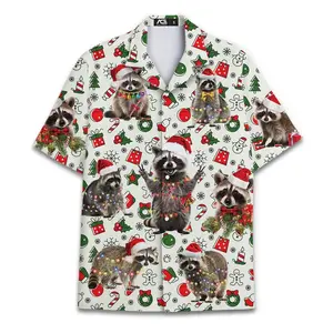 Funny Christmas Raccoon Hawaiian Shirts For Men Xmas Christmas Mens Hawaiian Shirts Short Sleeve Button Down Shirt Men