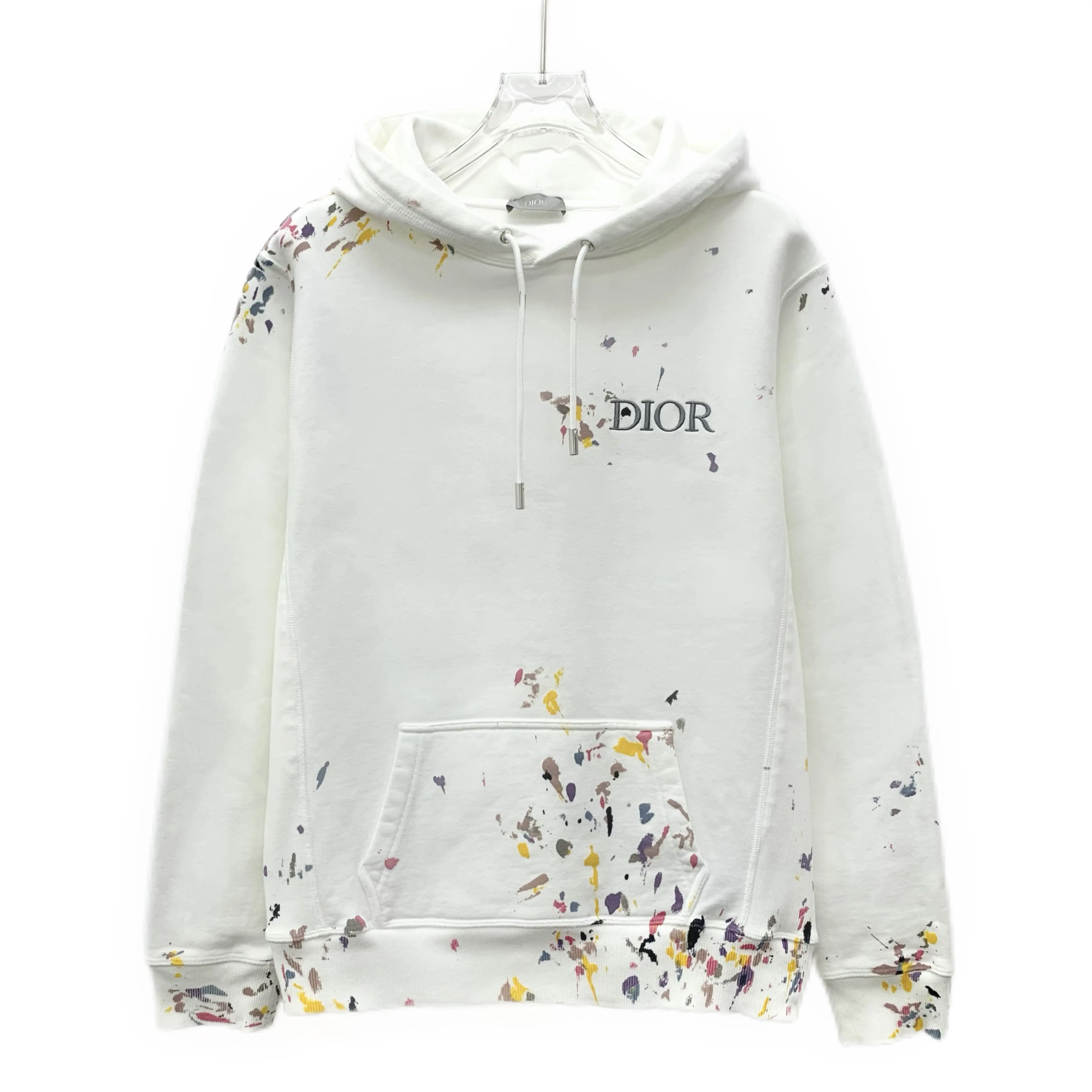 RDLT— Dior White Logo Embroidered Paint Splatter Cotton Hooded Sweatshirt Size XS