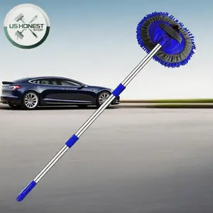 US Honest Shop Car Wash Accessories 47.5" Stainless Steel Tube Handle Microfiber Chenille Mop Head for Cars Trucks SUV RV Trailers 2-in-1 Sponge Duster TikTok Black Friday