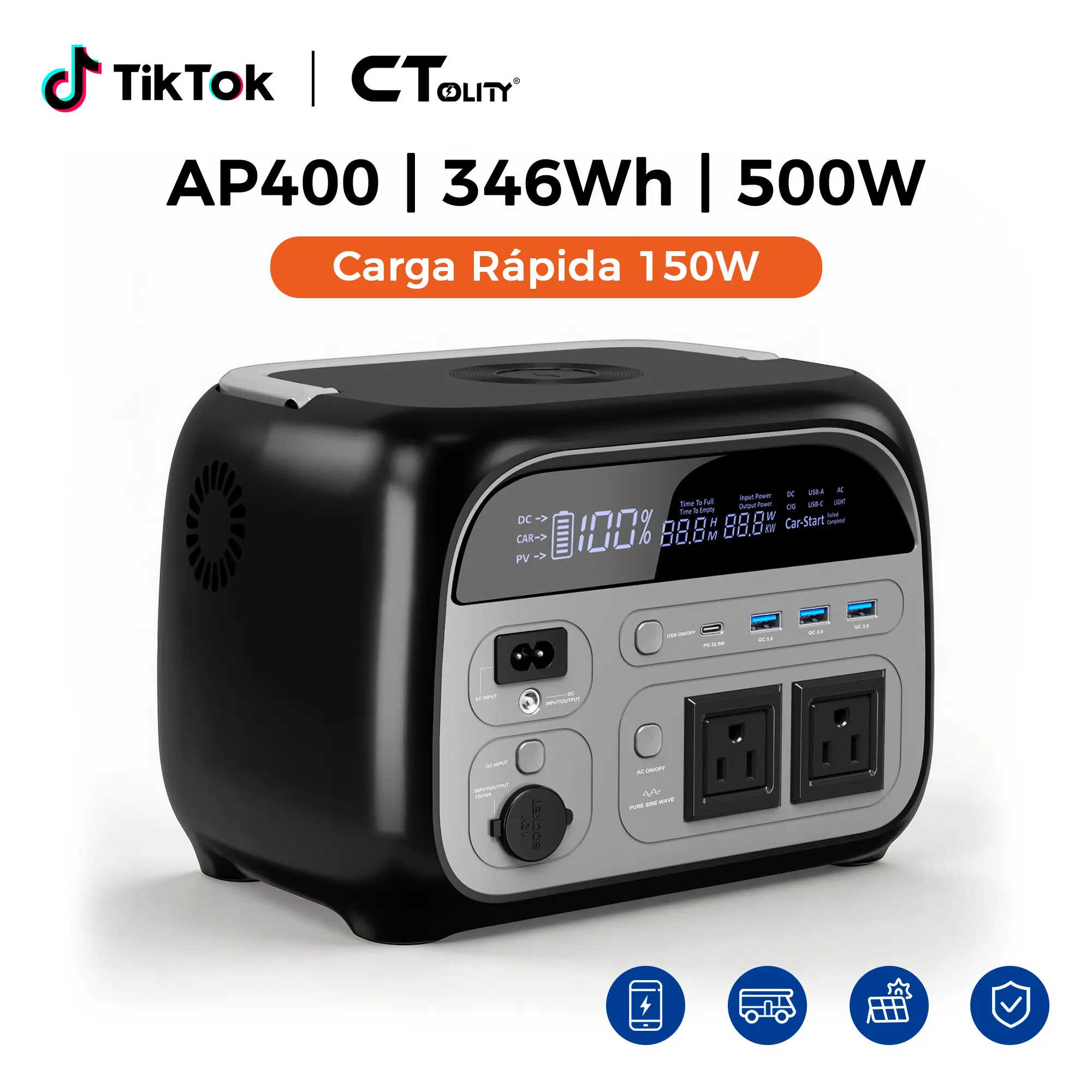 [Summerfinds]CTOLITY AP400 Estación de Energía Portátil 500W 346Wh Generador Solar Portátil para Hogar Apagones y Emergencias Batería de Respaldo con Carga Rápida para Camping, RV, Viajes, Outdoor y Power Outage Backup, Portable Battery Powered, Long Life