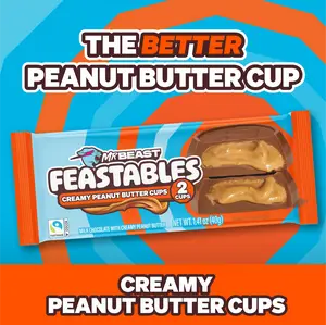 Feastables by MrBeast - Peanut Butter Cups – Delicious Milk Chocolate Cups for Adults & Kids, Chocolate, Candy, Cocoa Sweet & Crunchy Snack, Fairtrade Certified, Kosher, Perfect for Gifting or Snacking