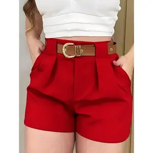 Women's Solid Color Pleated Straight-Leg Pocket Shorts