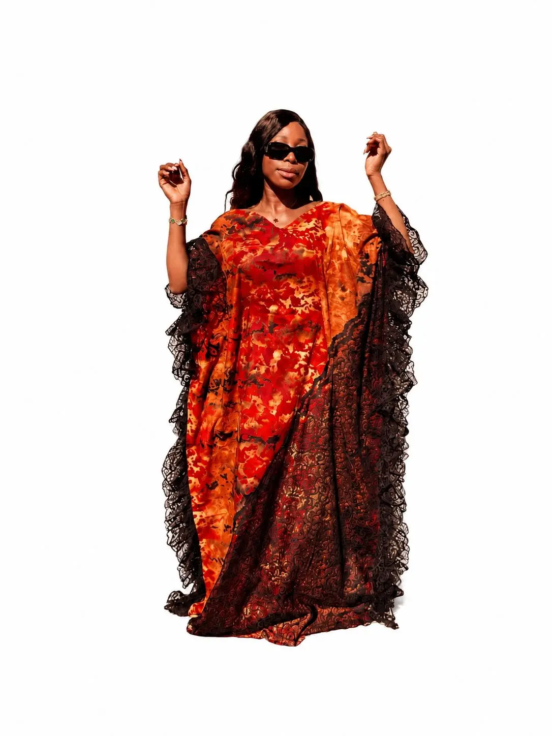 Regal Ankara Boubou Dress with Black Chantilly Lace Trim in different prints