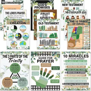 Bible Posters for Classroom Sunday School Wall Decor Greenery Christian Bible Verse Poster Ten Commandments Religious Scripture Bulletin Board for School Christian Scripture Decor