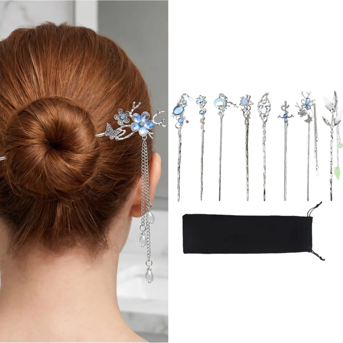 8PCS Star Moon Hair Sticks for Buns Long Hair, Chinese Hanfu Asian Vintage Hair Chopsticks, Metal Silver Hair Bun Updo Holders Long Hairpins for Women Girls