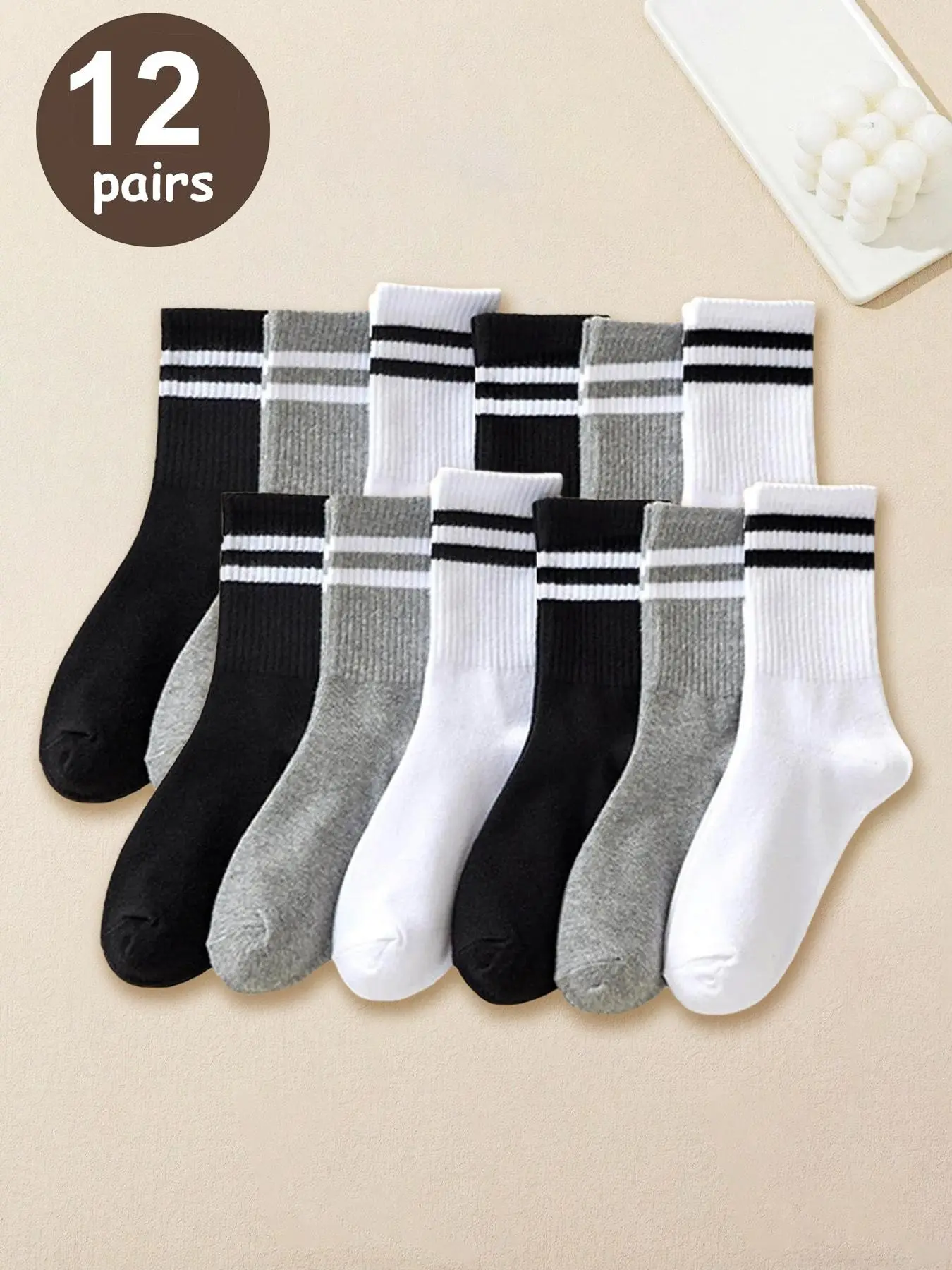 12-Pair Pack Unisex Striped Casual Pattern Mid-Calf Socks Simple Colorway Yoga Socks Black & White Mid-Calf Socks Solid Color Socks