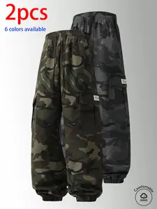 2-pack men’s long pants: camouflage cargo jogger pants with an elastic drawstring waistband and large side pockets; loose fit that doesn’t constrict the legs. Available in multiple colors; suitable for outdoor hiking and camping, everyday streetwear, shor