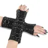 Demonia Stretch Faux Leather Ornamental Arm Warmer Pair - Eyeletted Design, Flat Studs, Criss-Cross Lace-Up Straps, O-Ring Center Fashion Accessory Bracelet