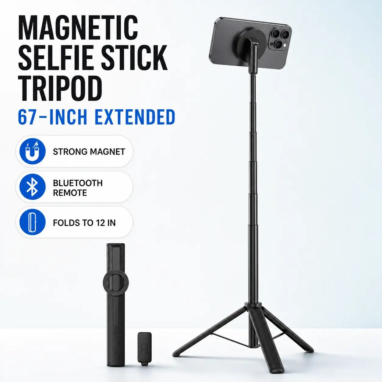 MREGB Upgraded 4-in-1 Magnetic Selfie Stick with Bluetooth Remote, Adjustable 360° Rotating Mount, Extendable Handheld Grip, Foldable Stand for iPhone MagSafe, Android, Vlogging, Landscape Photography Accessories
